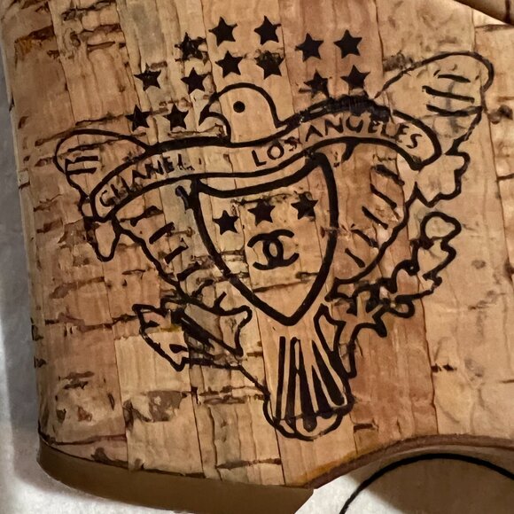 CHANEL Resort Cork Wedges Blue Striped Yellow CC Ankle Strap Shoes 36 6 - Picture 11 of 16